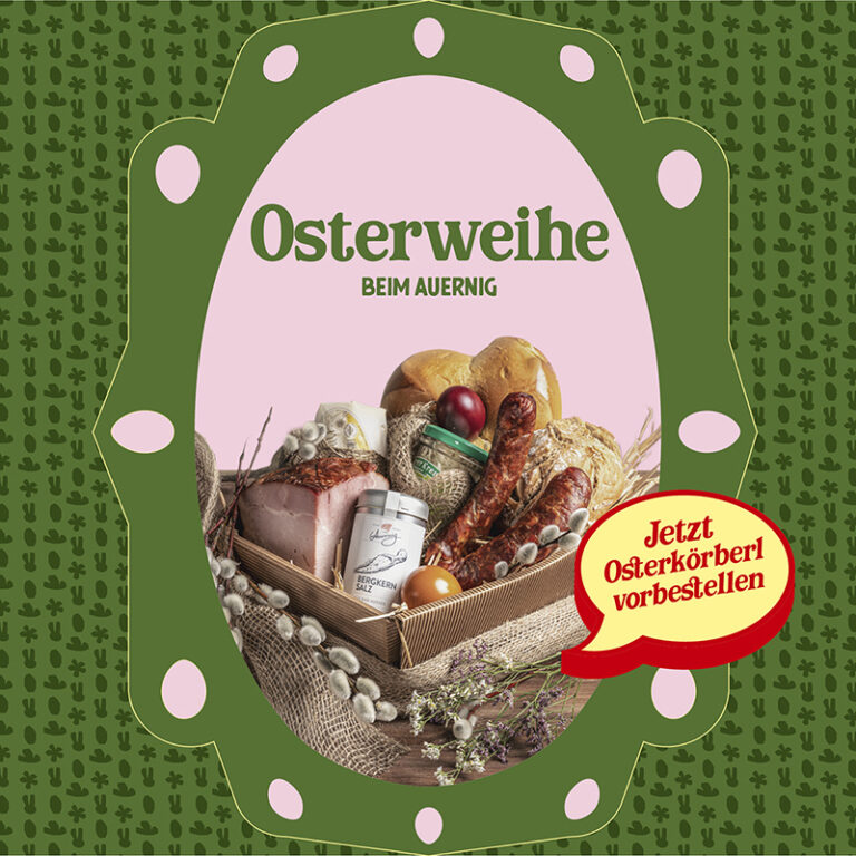 Osterkorb mit Lebensmitteln und Dekoration